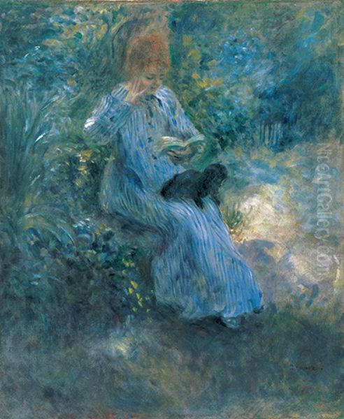 Jeune fille lisant dans un jardin, un chiem sur les geoux Oil Painting by Pierre Auguste Renoir