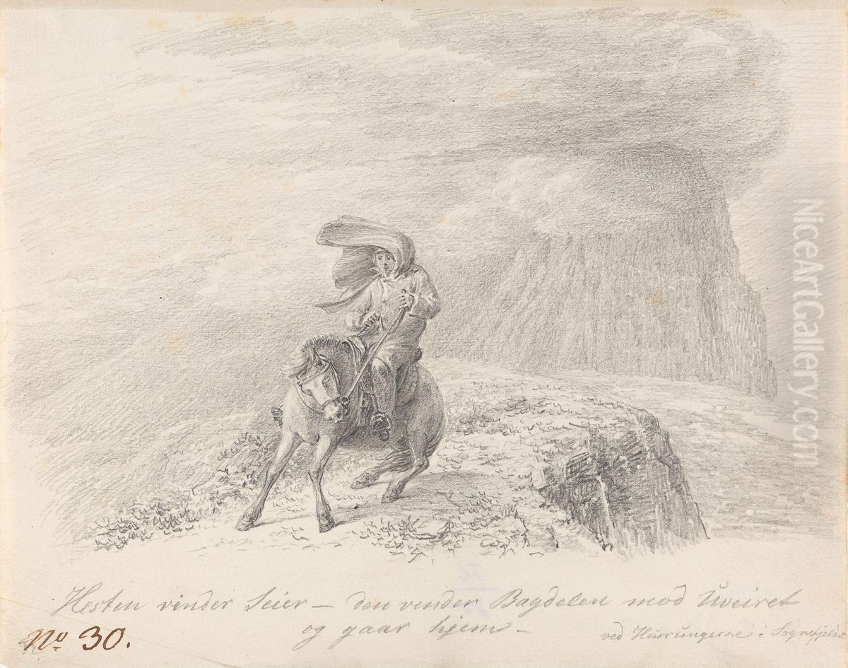 Til hest under Hurrungene Oil Painting by Johannes Flintoe