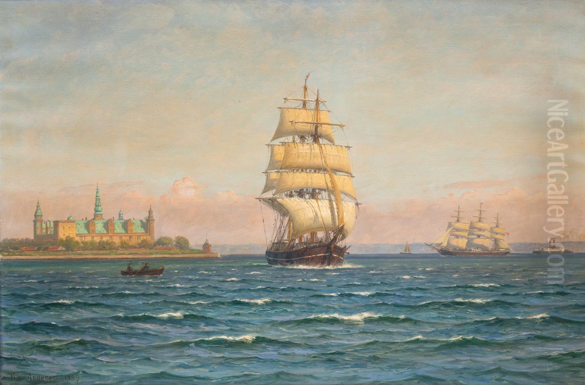 Sailing ships and a ferry off Kronborg. Oil Painting by Vilhelm Arnesen