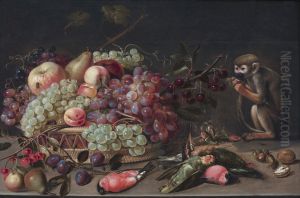 Stilleven met fruit in een mand, dode vogels en een aap