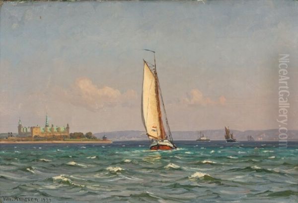 Seascape with a Dutch cuf off the coast of Kronborg Castle Oil Painting by Vilhelm Arnesen