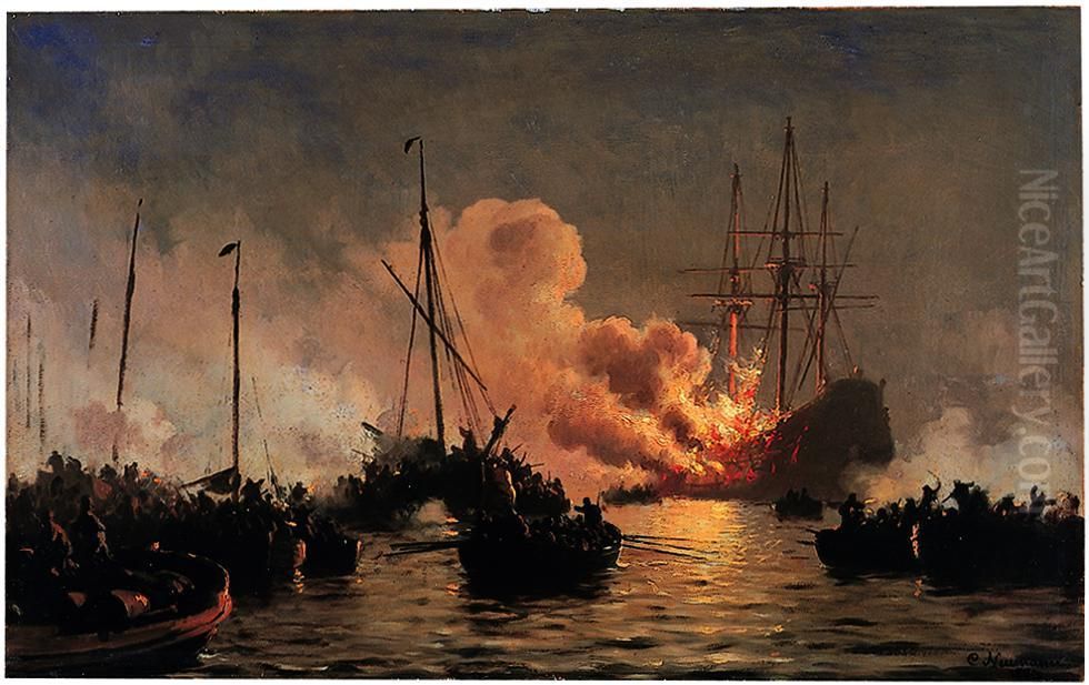 The Danish ship of the line Dannebrogen caught on fire during the battle of Koge Bugt, 1710 Oil Painting by Carl Neumann