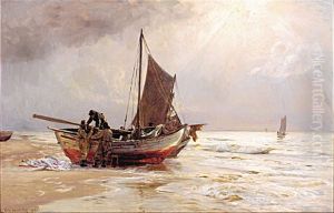 The beach at Lonstrup, Jutland. Fishermen landing the day's catch.