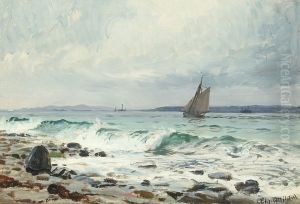 Seascape with waves and sailing ship