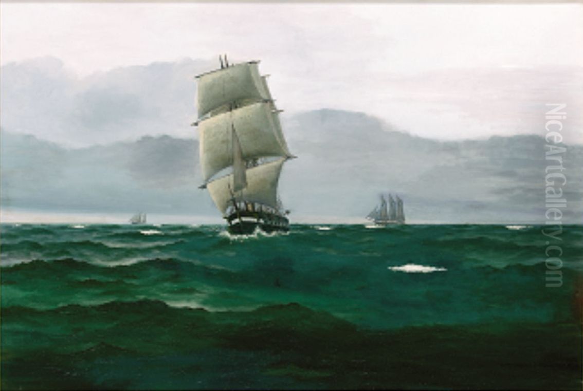 A frigate at sea in cloudy weather. Oil Painting by Emanuel Petersen