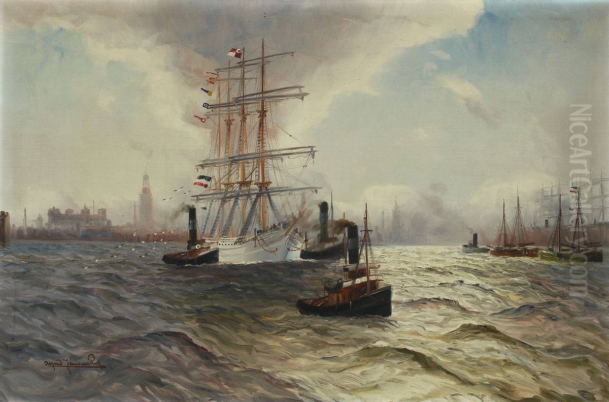 View of Hamburg habour with a sailing ship and tugs Oil Painting by Alfred Jensen
