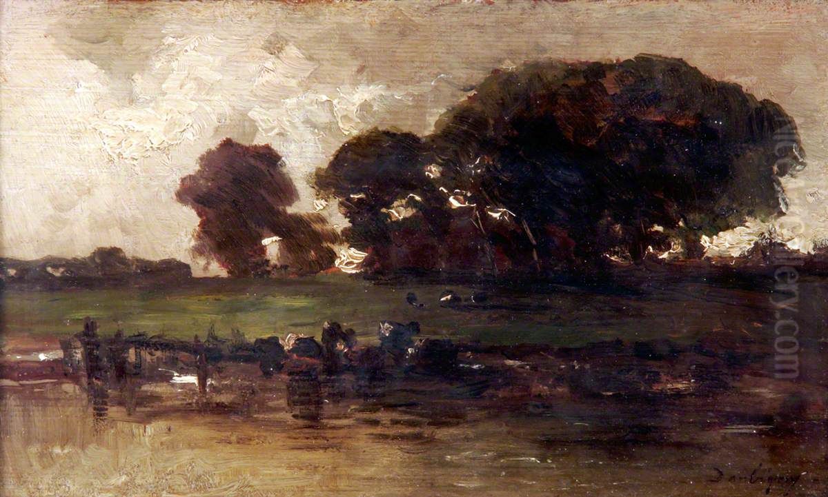 Cattle at a Stream, Evening Oil Painting by Charles-Francois Daubigny