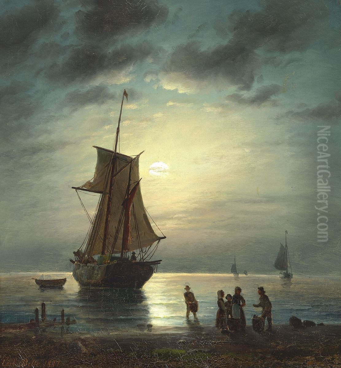 A moonlit night by the North Sea. Oil Painting by Carl Bille