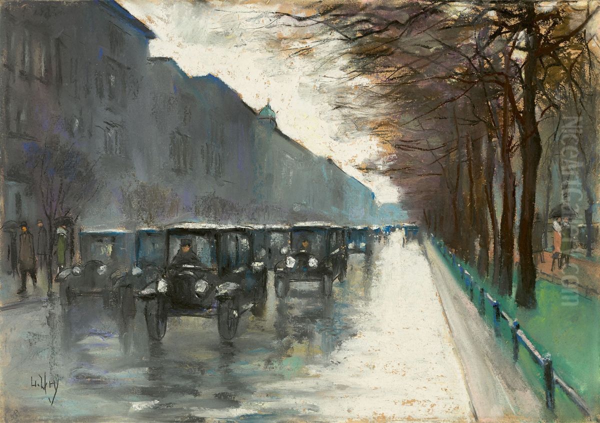 Unter den Linden mit Droschken im Regen Oil Painting by Lesser Ury