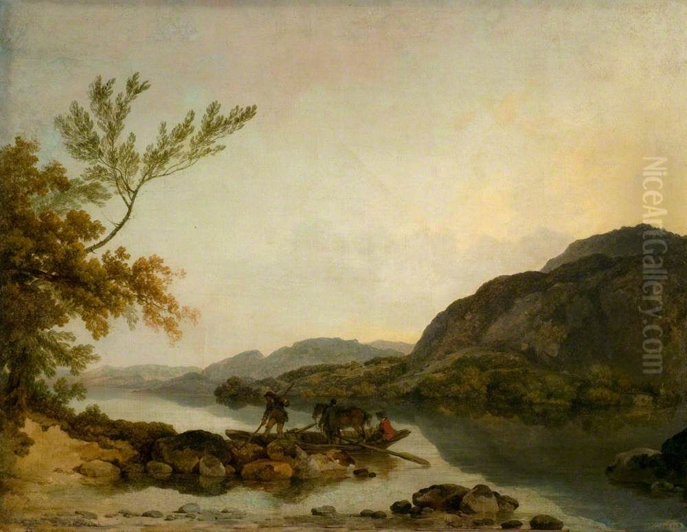 A River Scene with a Ferry Oil Painting by Philip James de Loutherbourg