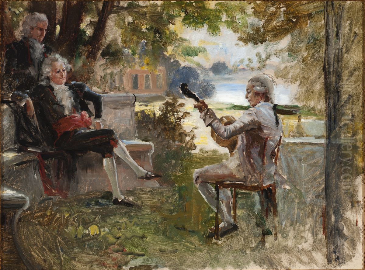 Bellman Playing the Lute for Gustaf III of Sweden and G.M. Armfelt in Haga Park, sketch Oil Painting by Albert Edelfelt