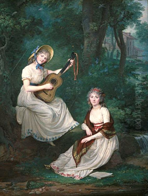 Les Demoiselles de Tourzel, assises pres d'un ruisseau Oil Painting by Jean-Antoine Laurent