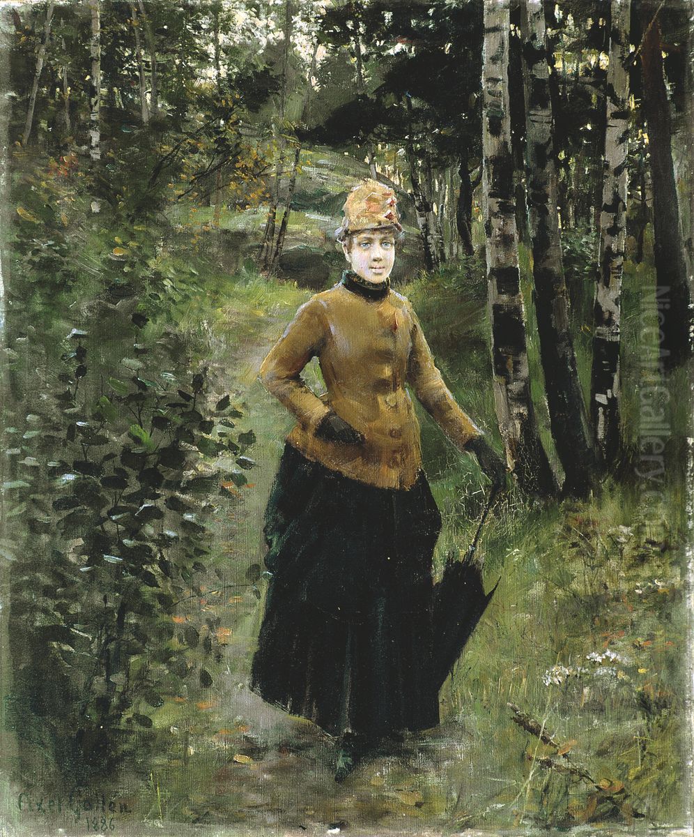 Metsassa, neiti Thysell Oil Painting by Akseli Valdemar Gallen-Kallela