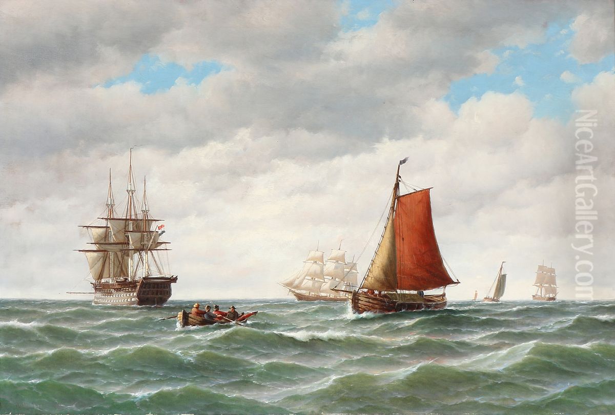 Seascape with a Dutch warship, sailing ships and a fishing boat. Oil Painting by Carl Bille