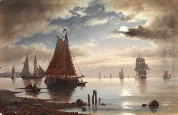 Segelschiffe vor der Kuste, Mondstimmung Oil Painting by Carl Bille