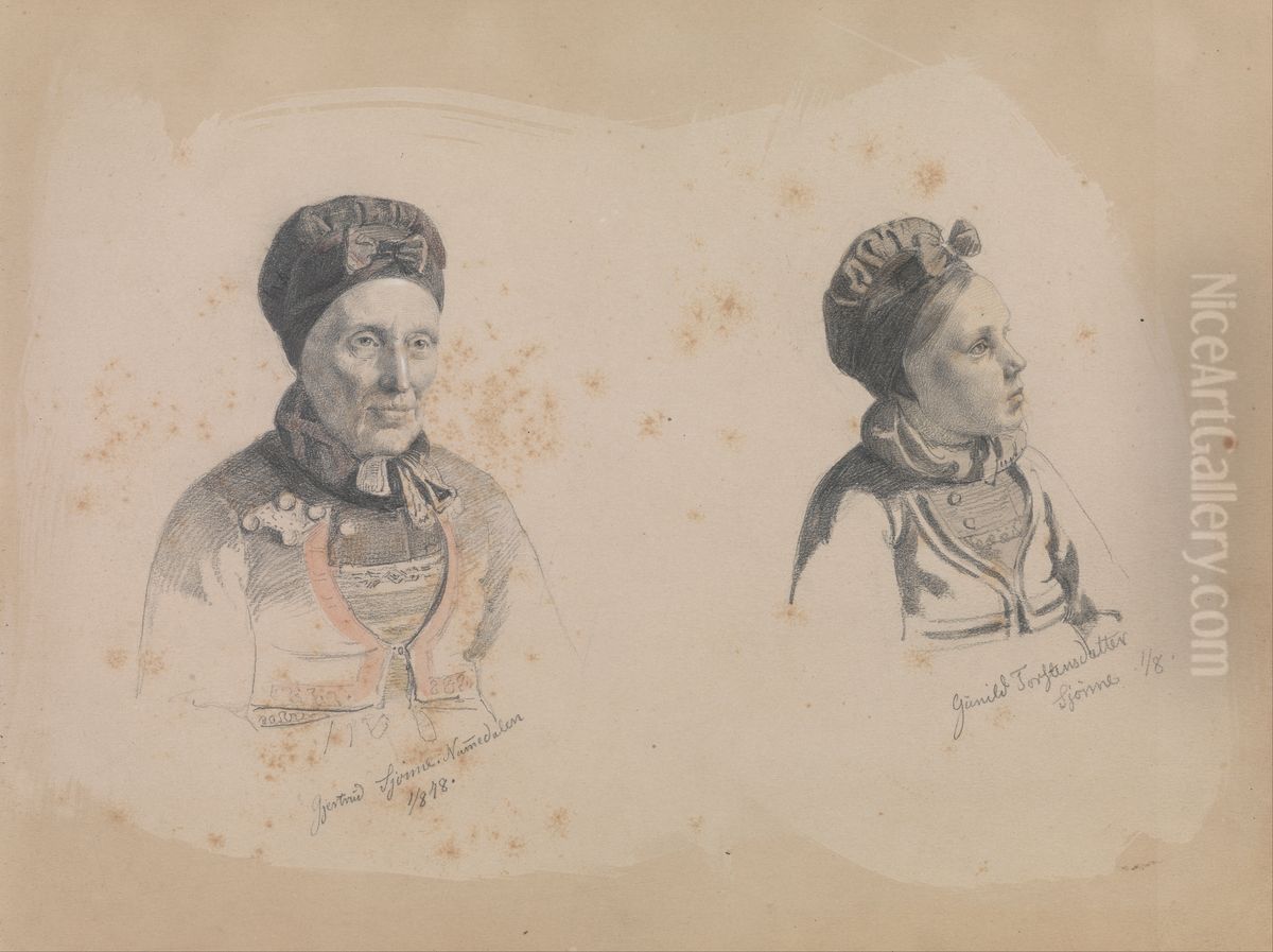 Gjertrud Skjonne and Gunhild Torstensdatter Skjonne Oil Painting by Adolph Tidemand