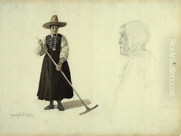 Kvinne som raker; gammel kone, Svennesund Oil Painting by Adolph Tidemand