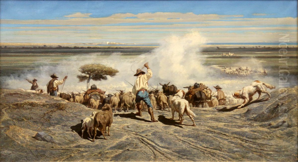 Retour de troupeau. Oil Painting by Emile Loubon