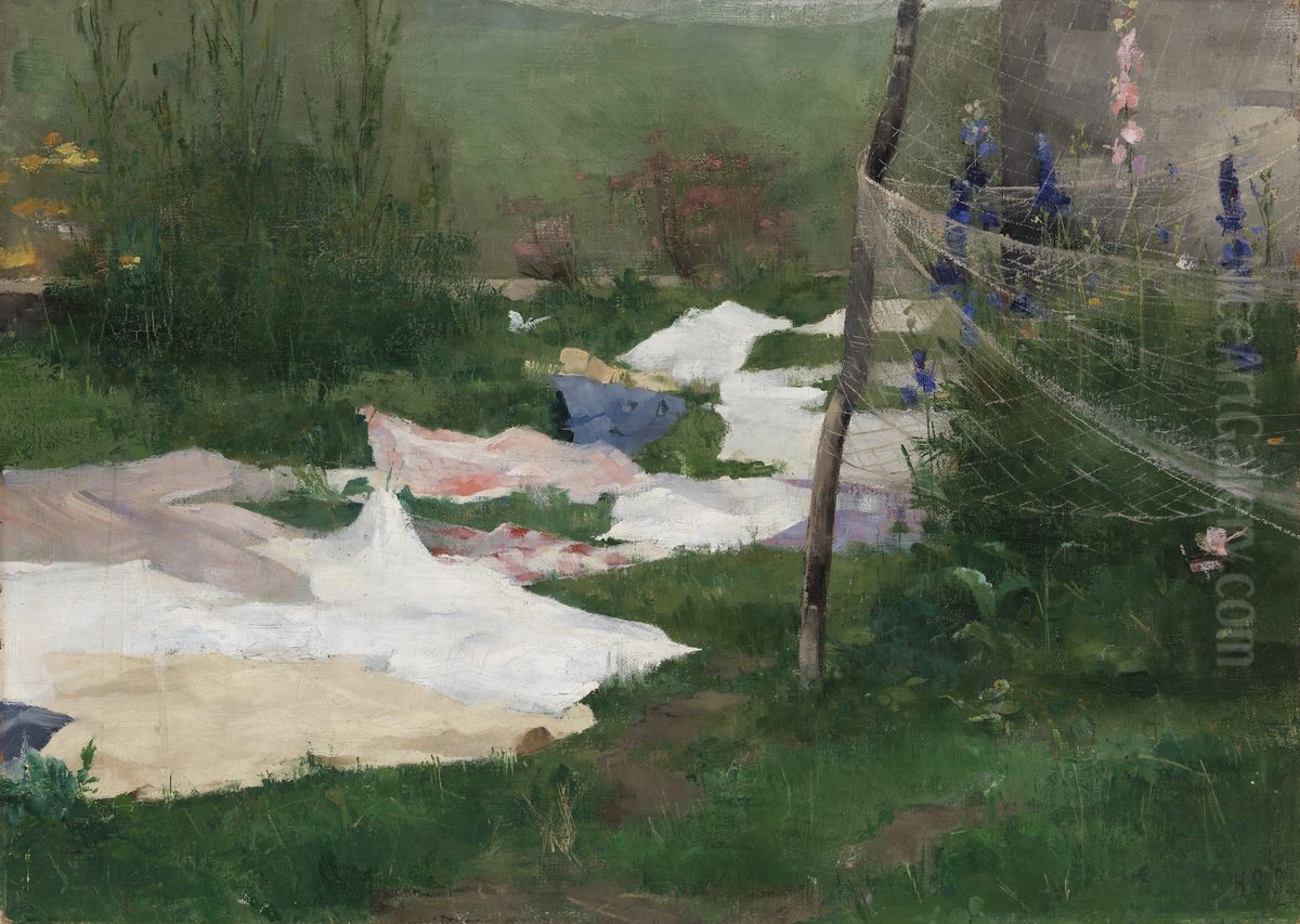 Clothes Drying Oil Painting by Helene Schjerfbeck