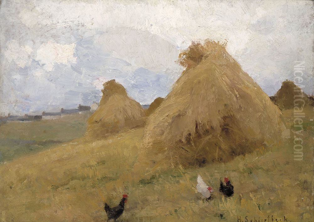Chickens amongst Cornstooks Oil Painting by Helene Schjerfbeck