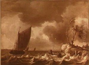 Zeilschepen voor Den Briel, rechts een klein bootje aan lager wal