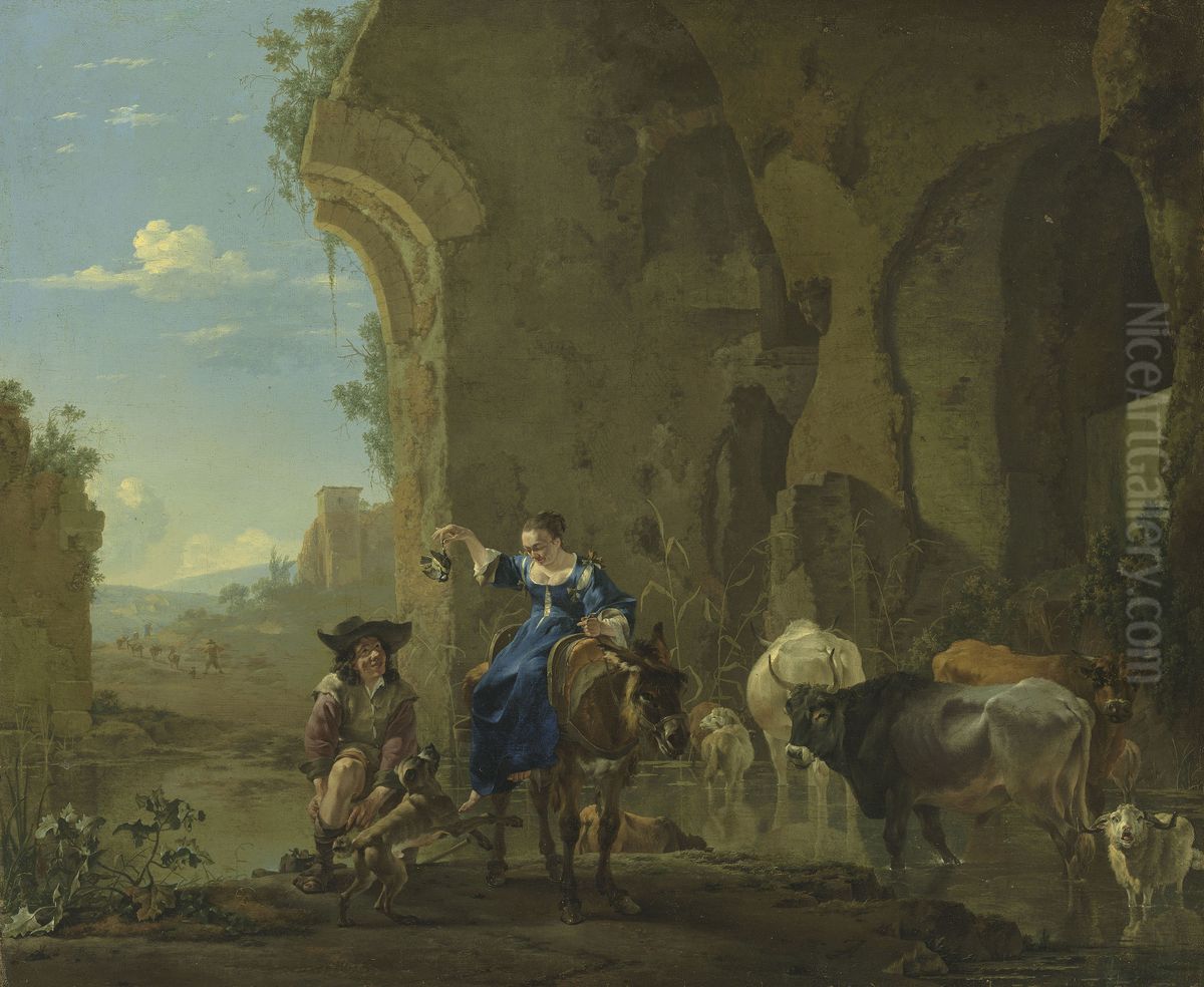 Italianate landscape with travellers by a stream with cattle Oil Painting by Jan Asselijn