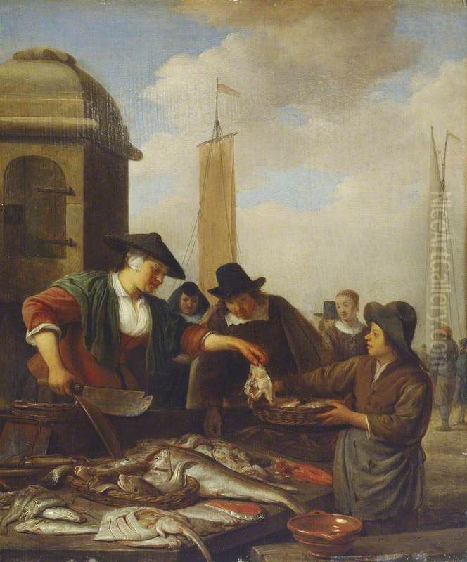 A Fish Stall by a Harbour Oil Painting by Hendrik Martenszoon Sorgh