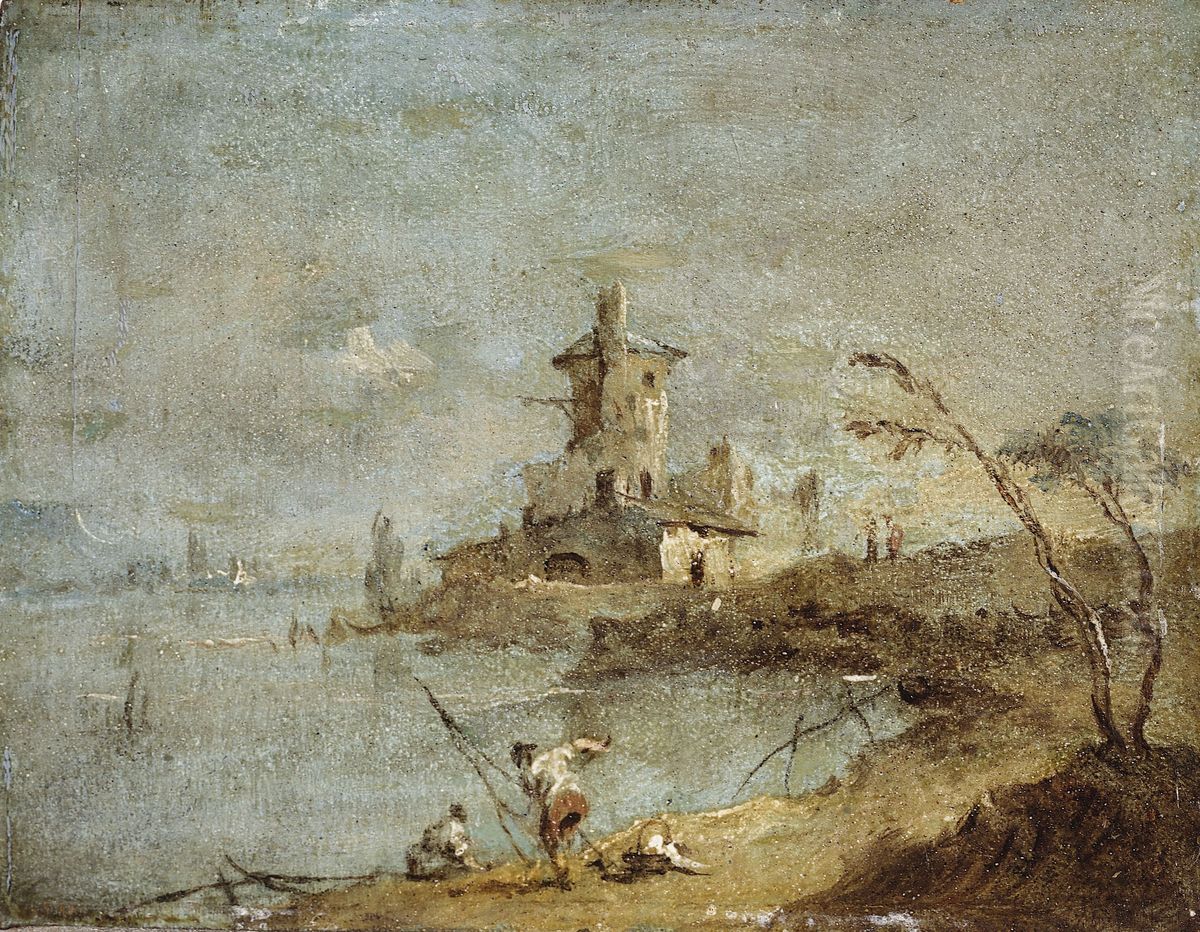 Caprice rustique, avec tour au bord de l'eau Oil Painting by Francesco Guardi