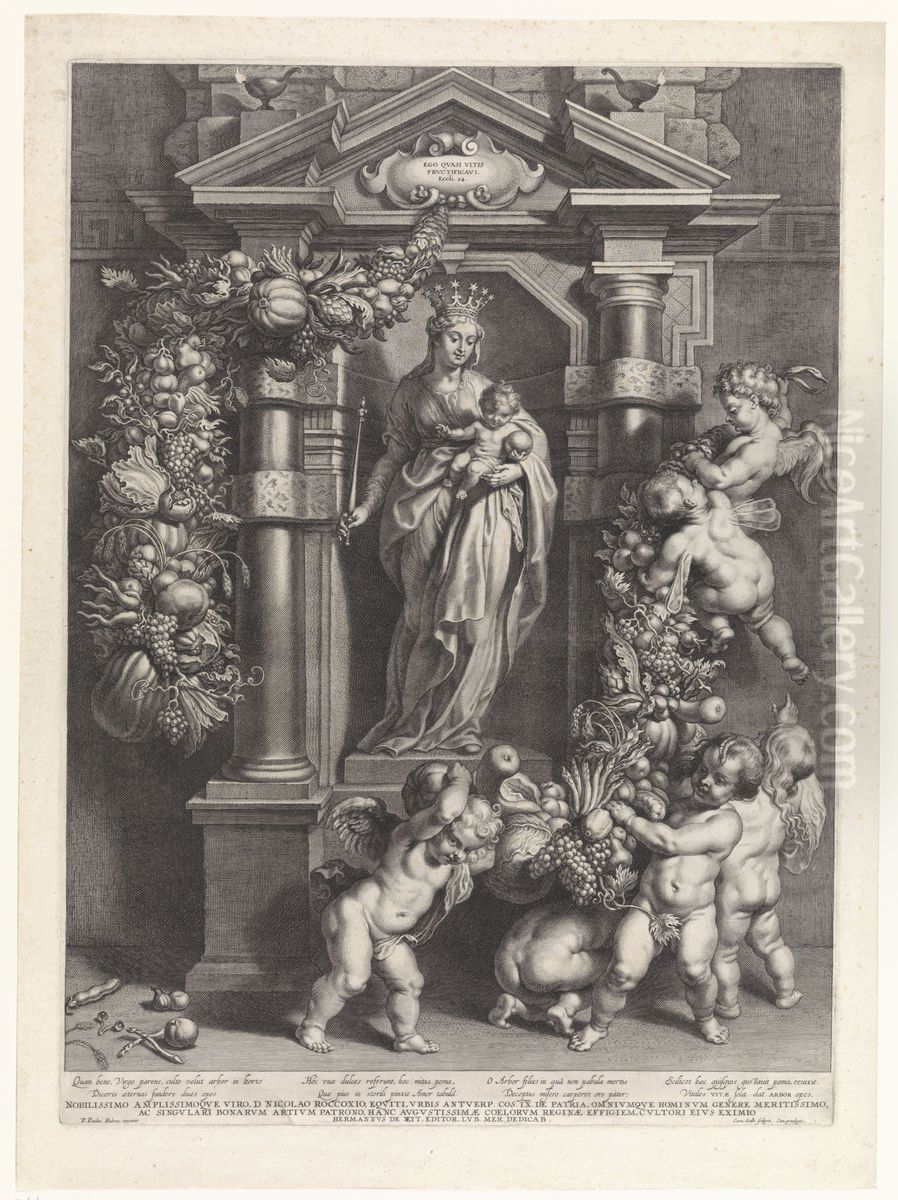 Maria met kind in een nis met engelen en vruchtenguirlandes Oil Painting by (studio of) Rubens, Peter Paul