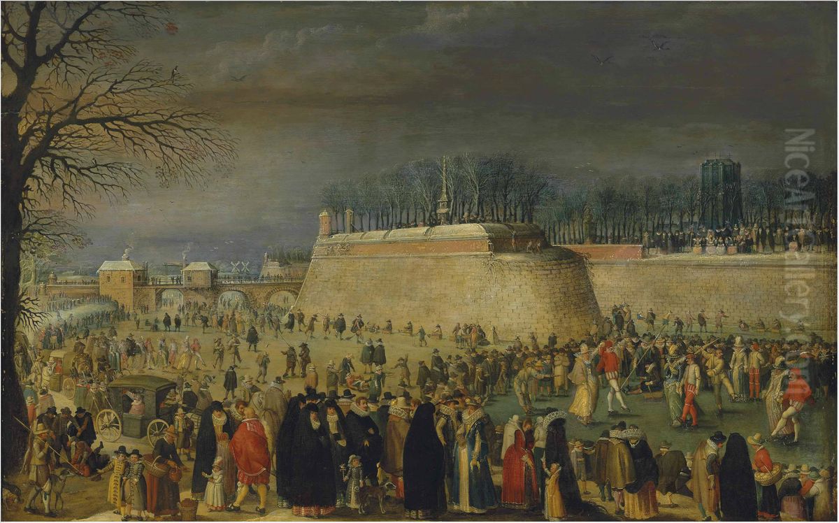A winter carnival with figures on the ice before the Kipdorppoort Bastion in Antwerp Oil Painting by Sebastiaen Vrancx