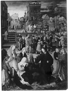 Christus neemt afscheid van Maria. In de achtergrond: Ecce Homo