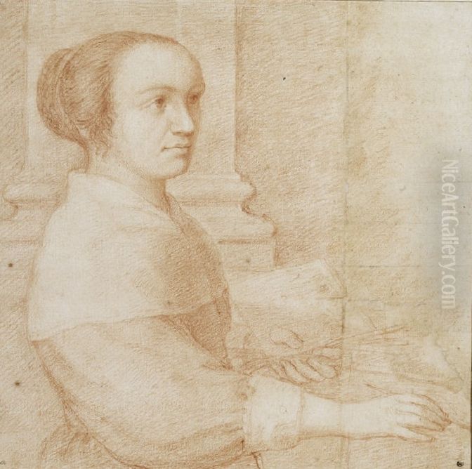 Portrait of Claudine Bouzonnet Stella, facing right, holding a brush and palette Oil Painting by Claudine Bouzonnet-Stella