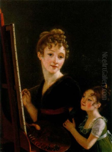 Self-Portrait at an Easel and With a Young Girl Oil Painting by Isabelle Pinson