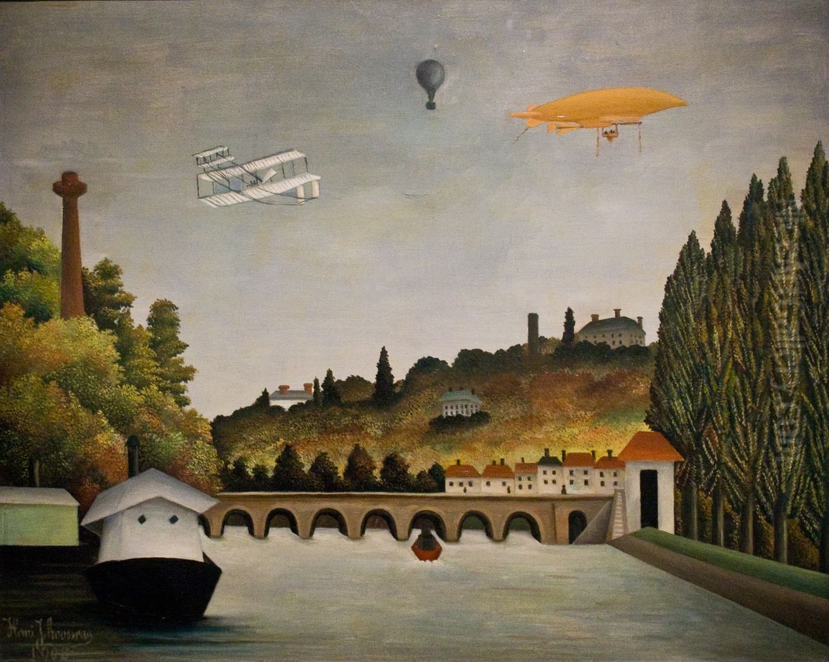 View of the Bridge in Sevres and the Hills of Clamart, Saint-Cloud and Bellevue with biplane, balloon and dirigible Oil Painting by Henri Julien Rousseau