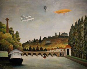 View of the Bridge in Sevres and the Hills of Clamart, Saint-Cloud and Bellevue with biplane, balloon and dirigible