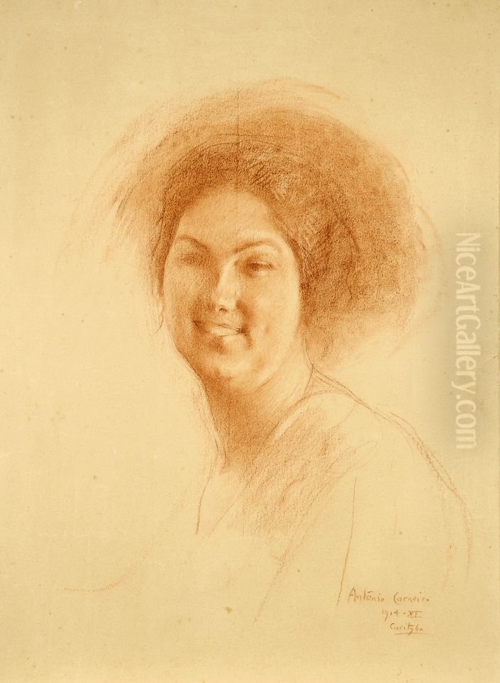Head of a woman smiling Oil Painting by Antonio Carneiro
