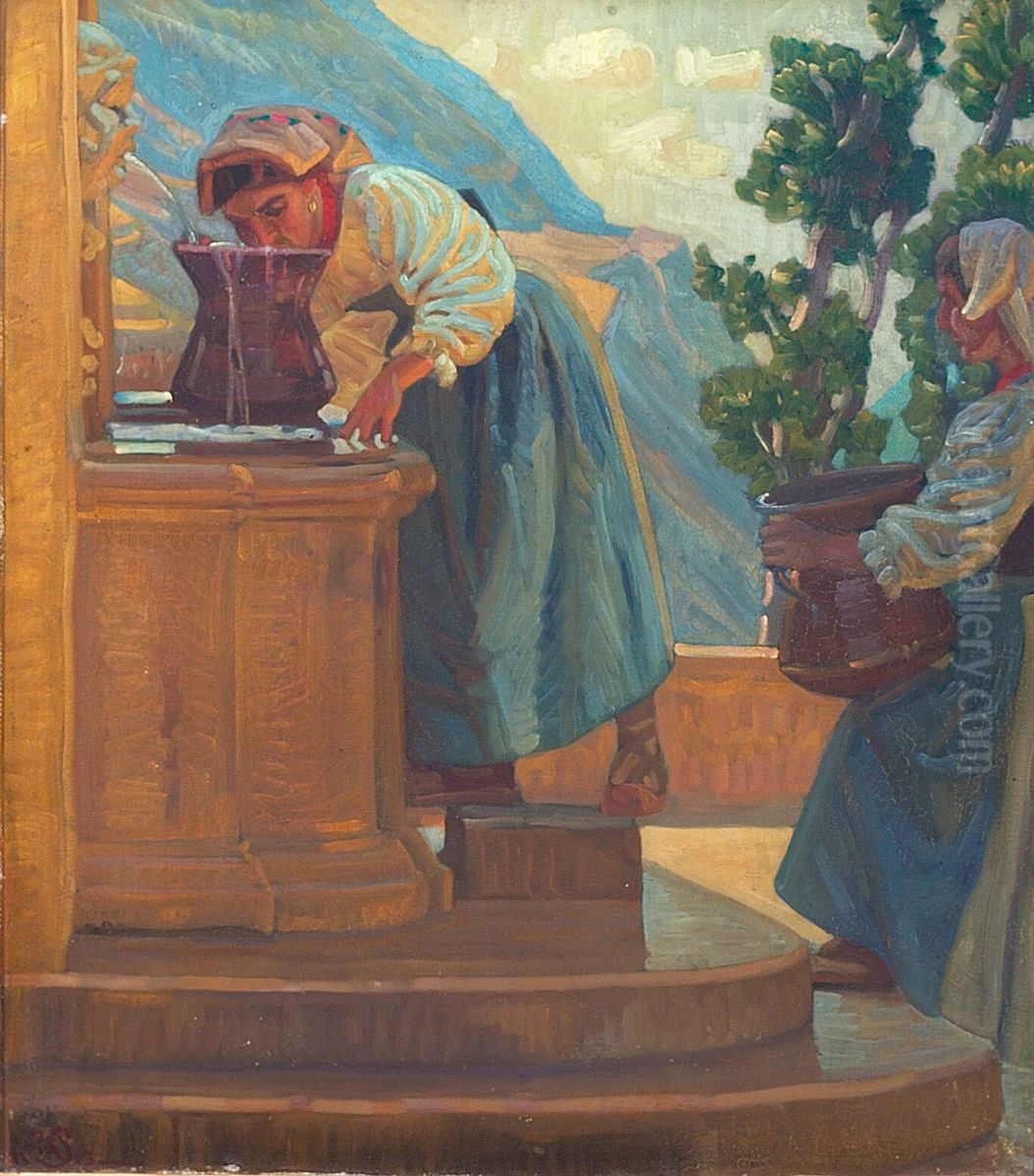 To piger ved en Fontaene. Oil Painting by Knud Sinding