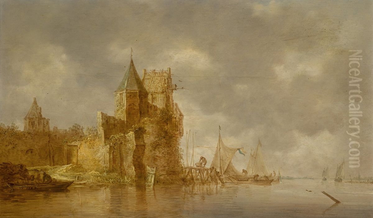 River landscape with a ruined river fortress Oil Painting by Jan van Goyen