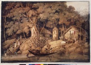 Indian river scene with men bathing