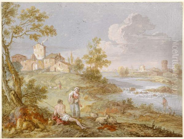 Italianate Landscape with River Oil Painting by Francesco Zuccarelli