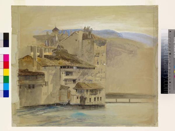 Old Houses on the Rhone Island, Geneva Oil Painting by John Ruskin