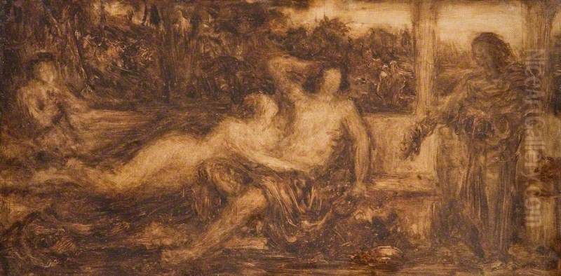 Study of Nude and Draped Figures - A Rough Sketch In Brown Paint Of Two Reclining Figures. Centre, A Nude Female Lying With Arms Around The Waist Of A ... Oil Painting by Henry Wallis