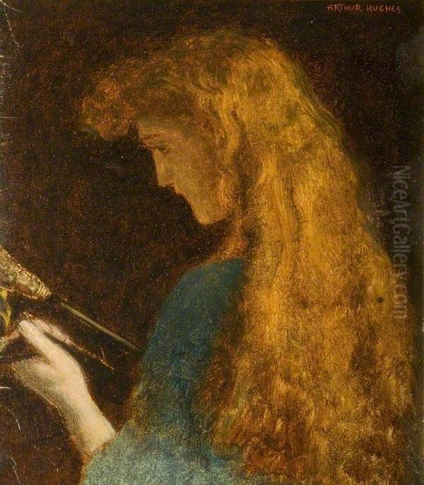 Study of a Girl's Head Oil Painting by Arthur Hughes