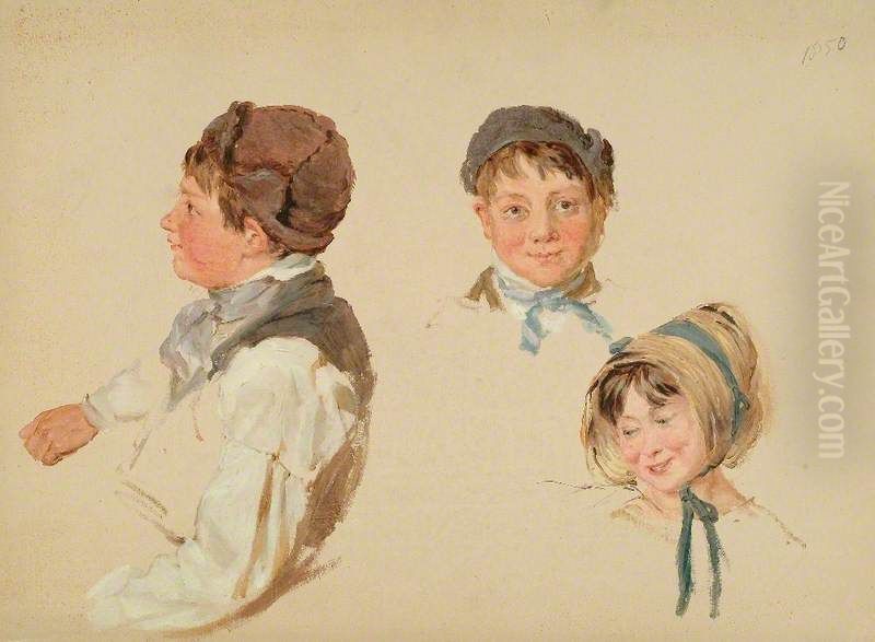 Heads of Children, Boy and Girl, Three Studies Oil Painting by Hopkins Horsley Hobday Horsley
