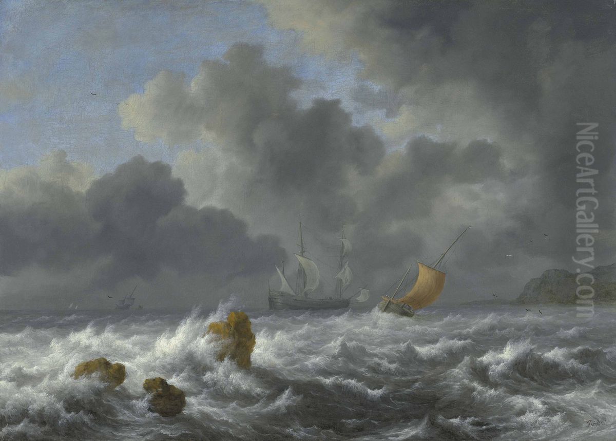 Schepen voor een rotsachtige kust Oil Painting by Jacob Van Ruisdael