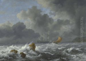 Schepen voor een rotsachtige kust