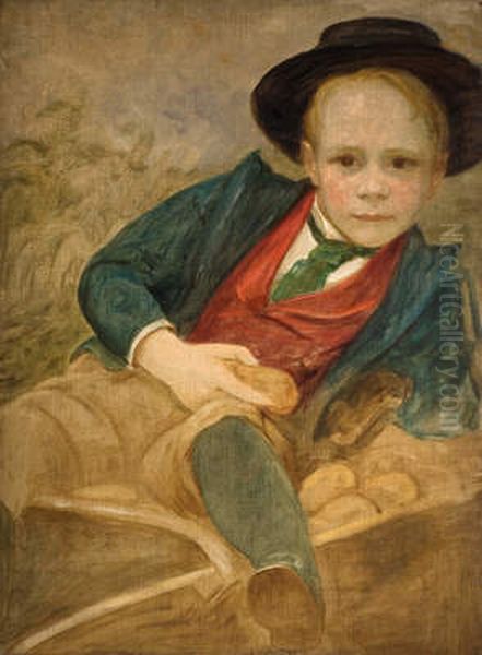 A Boy Sitting On A Wheelbarrow Oil Painting by Louisa Starr