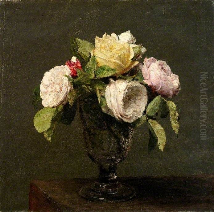 Roses dans un Verre a Pied Oil Painting by Henri Fantin-Latour