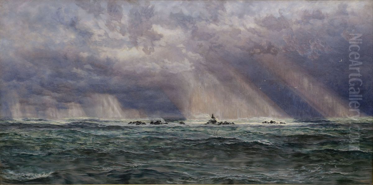 A North-West Gale off the Longships Lighthouse Oil Painting by John Brett