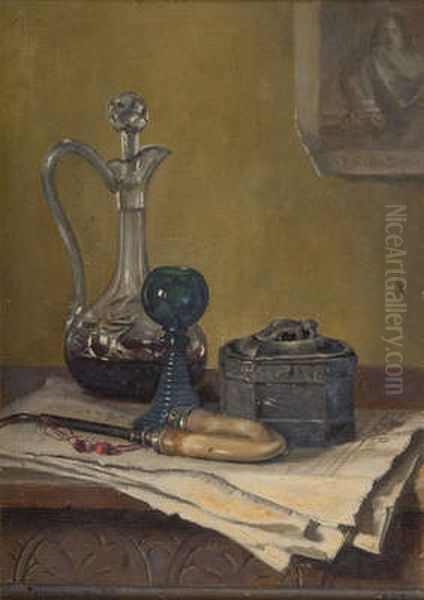 Still Life Of Newspaper , Pipe , Decanter And Jar Oil Painting by Claude Pratt